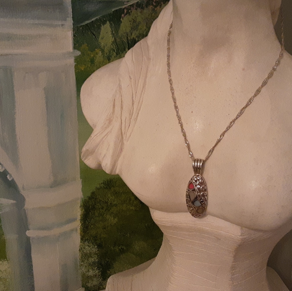 VINTAGE 925 STERLING MULTI-STONE SLIDE WITH 925 18" STERLING TWISTED ROPE CHAIN - Picture 5 of 16